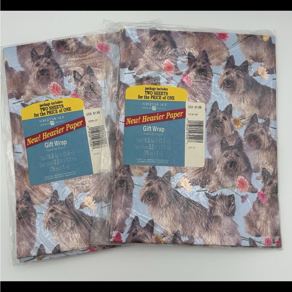 2 Packs New VTG American Greetings Yorkie Dog Gift Wrap Sheets NOS *Read pls